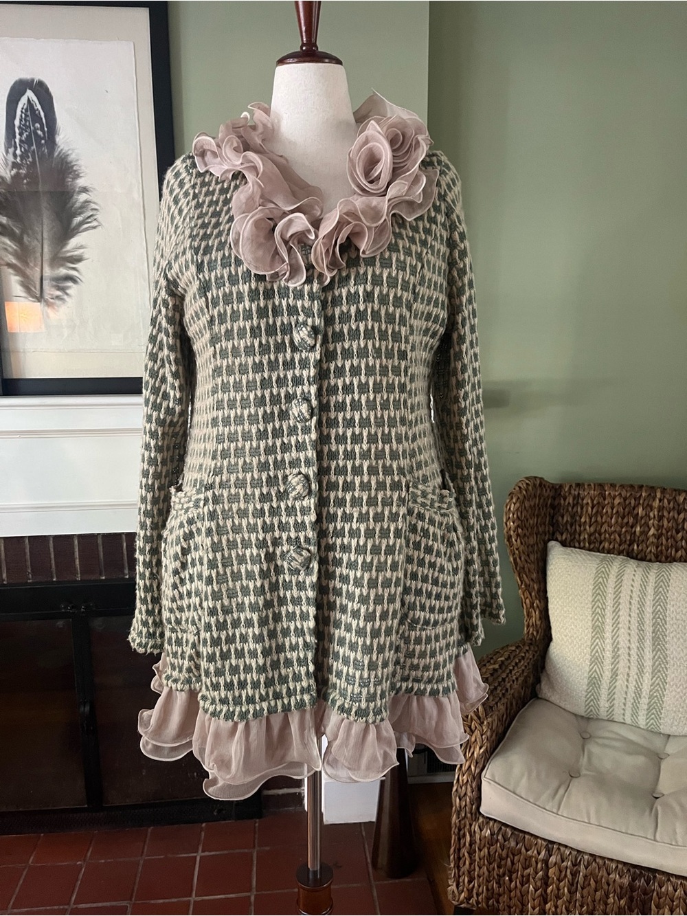 Ryu Open-Knit Cardigan Coat | Sage & Ivory | Blush Organza | 1X - Picture 2 of 9